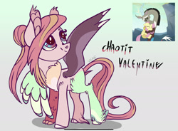 Size: 2270x1668 | Tagged: safe, artist:caramelbolt24, derpibooru import, discord, fluttershy, oc, draconequus, hybrid, pegasus, pony, to where and back again, abstract background, cloven hooves, ear fluff, ears, feathered fetlocks, female, hug, interspecies offspring, looking back, male, mare, offspring, parent:discord, parent:fluttershy, parents:discoshy, screencap reference, signature, smiling, wings