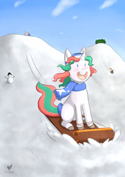 Size: 1752x2480 | Tagged: safe, artist:foxhatart, derpibooru import, oc, oc:mint, pony, unicorn, female, mare, sled, snow, solo, winter