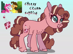 Size: 2235x1668 | Tagged: safe, artist:caramelbolt24, derpibooru import, screencap, cheese sandwich, pinkie pie, oc, earth pony, pony, pinkie pride, abstract background, clothes, ear fluff, ears, earth pony oc, female, looking up, male, mare, offspring, open mouth, parent:cheese sandwich, parent:pinkie pie, parents:cheesepie, screencap reference, signature, smiling, smilingmare, stallion, unshorn fetlocks