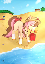 Size: 1752x2480 | Tagged: safe, artist:foxhatart, derpibooru import, oc, oc only, oc:neopolitan, pony, unicorn, beach, bow, braid, bucket, female, hat, mare, mouth hold, seashell, solo, summer, tail bow, tree, water