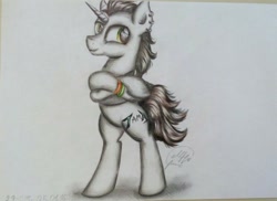 Size: 1024x744 | Tagged: safe, artist:maryhoovesfield, derpibooru import, oc, oc only, pony, unicorn, bipedal, bracelet, clothes, crossed arms, ear fluff, ears, horn, jewelry, signature, smiling, solo, traditional art, unicorn oc