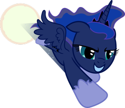 Size: 2626x2284 | Tagged: safe, artist:dash-o-salt, derpibooru import, princess luna, alicorn, pony, determined smile, divebomb, full moon, moon, newbie artist training grounds, simple background, smiling, solo, sonic rainboom, transparent background