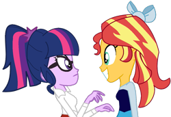 Size: 1111x758 | Tagged: safe, artist:jadethepegasus, derpibooru import, sci-twi, sunset shimmer, twilight sparkle, human, fanfic:sunset shimmer discovers her feet, equestria girls, bowtie, crossover, cute, duo, duo female, excited, fanfic art, female, glasses, happy, humanized, lesbian, scared, scitwishimmer, shimmerbetes, shipping, sunsetsparkle, the little mermaid