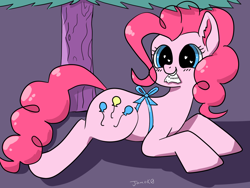 Size: 1600x1200 | Tagged: safe, artist:jomok0, pinkie pie, bow, ear fluff, ears, heart eyes, laying on stomach, simple background, simple shading, tree, wingding eyes