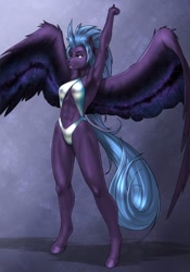 Size: 896x1280 | Tagged: safe, artist:mykegreywolf, oc, oc only, oc:dracarna, anthro, pegasus, unguligrade anthro, abs, anthro oc, female, fit, mare, solo, spread wings, stretching, swimsuit