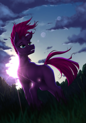 Size: 2660x3800 | Tagged: safe, artist:mykegreywolf, fizzlepop berrytwist, tempest shadow, pony, unicorn, my little pony: the movie, backlighting, beautiful, broken horn, eye scar, female, grass, horn, mare, outdoors, scar, sky, smiling, solo, sun, windswept mane, windswept tail