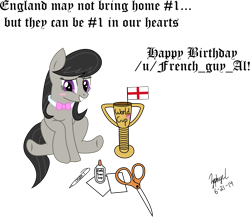 Size: 2631x2280 | Tagged: safe, alternate version, artist:dash-o-salt, derpibooru import, octavia melody, earth pony, bashful, blushing, flag, football, glue, paper, pen, scissors, simple background, smiling, solo, text, transparent background, trophy, world cup