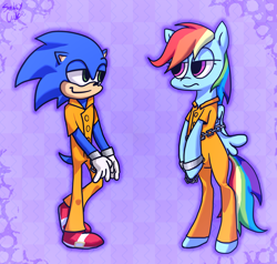 Size: 2000x1900 | Tagged: safe, artist:sastycuce, derpibooru import, rainbow dash, bashing, bound wings, chains, clothes, cuffs, prison outfit, prisoner rd, shackles, sonic the hedgehog, sonic the hedgehog (series), unamused, wings