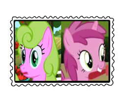 Size: 370x320 | Tagged: safe, artist:supermarioworld64, derpibooru import, daisy, flower wishes, ruby pinch, earth pony, pony, unicorn, daisypinch, deviantart stamp, female, filly, lesbian, mare, shipping, simple background, stamp, transparent background