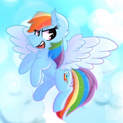 Size: 3000x3000 | Tagged: safe, artist:jayrnski, derpibooru import, rainbow dash, pegasus, pony, ear fluff, ears, flying, sky background, solo