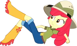 Size: 1600x955 | Tagged: safe, derpibooru import, edit, edited screencap, screencap, apple bloom, human, eqg summertime shorts, equestria girls, the canterlot movie club, angry, background removed, belt, boots, clothes, cropped, female, hat, jeans, not a vector, pants, rain boots, safari hat, shirt, shoes, solo