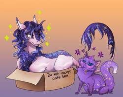 Size: 1920x1527 | Tagged: safe, artist:tri-edge, derpibooru import, oc, oc only, cat, kirin, pony, :3, angry, behaving like a cat, box, cardboard box, collar, cute, frown, glare, gradient background, if i fits i sits, kirin oc, lying down, ocbetes, pony in a box, prone, smiling, smirk, solo, sparkles