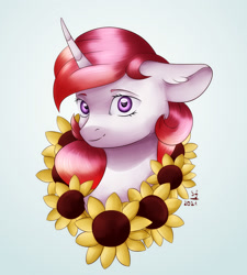 Size: 1800x2000 | Tagged: safe, artist:brilliant-luna, derpibooru import, princess celestia, alicorn, pony, alternate hairstyle, bust, cewestia, female, filly, flower, solo, solo female, sunflower, younger