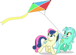 Size: 8845x6460 | Tagged: safe, artist:thatusualguy06, derpibooru import, bon bon, lyra heartstrings, sweetie drops, earth pony, pony, unicorn, no second prances, .svg available, absurd resolution, duo, female, kite, looking up, mare, mouth hold, simple background, svg, transparent background, vector