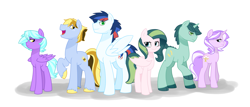 Size: 3745x1600 | Tagged: safe, artist:starrynight32, derpibooru import, oc, oc:apollo, oc:bella notte, oc:hayride, oc:oasis, oc:striker, oc:swift breeze, dracony, dragon, earth pony, hybrid, pegasus, pony, unicorn, female, kilalaverse, male, mare, next next generation, offspring, offspring's offspring, parent:oc:anthea, parent:oc:cotton candy, parent:oc:creme-de-la-creme, parent:oc:golden delicious, parent:oc:prism bolt, parent:oc:starburst, parent:oc:turquoise blitz, parent:oc:whirlwind, parent:unnamed oc, parents:oc x oc, simple background, stallion, white background