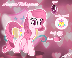 Size: 1951x1568 | Tagged: safe, artist:guruyunus17, derpibooru import, oc, oc only, oc:annisa trihapsari, earth pony, pony, base used, cutie mark, deviantart, earth pony oc, female, heart, heart background, heart eyes, looking at you, mare, medibang paint, not rarity, pink background, pink body, pink hair, simple background, smiling, solo, vector, wingding eyes