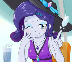 Size: 1480x1280 | Tagged: safe, artist:batipin, derpibooru import, rarity, equestria girls, beach hat, breasts, cleavage, clothes, geode of shielding, hat, looking at you, magical geodes, raritits, solo, sun hat, swimsuit