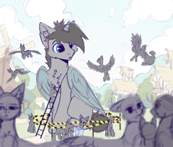 Size: 4724x4000 | Tagged: safe, artist:dorkmark, derpibooru import, oc, alicorn, earth pony, pegasus, pony, unicorn, chest fluff, commission, commission open, windmill, ych sketch, your character here