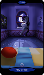 Size: 1500x2591 | Tagged: safe, artist:sixes&sevens, derpibooru import, rarity, unicorn, carousel boutique, crescent moon, fabric, female, indoors, major arcana, moon, mug, night, pincushion, poster, sitting, solo, tarot card, window