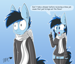 Size: 1201x1013 | Tagged: safe, artist:snuggleb4cuddle, derpibooru import, oc, anthro, pegasus, bandage, clothes, dialogue, female, gradient background, lingerie, male, scarf