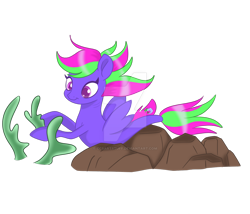 Size: 1280x1098 | Tagged: safe, artist:ccsartstuff, derpibooru import, oc, oc only, seapony (g4), clothes, deviantart watermark, dorsal fin, fin wings, fish tail, flowing mane, flowing tail, obtrusive watermark, purple eyes, rock, seaweed, see-through, simple background, smiling, solo, tail, transparent background, watermark, wings