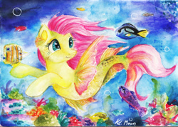 Size: 1188x844 | Tagged: safe, artist:lailyren, derpibooru import, fluttershy, pegasus, pony, seapony (g4), coral, cute, female, fin wings, fish tail, flowing mane, flowing tail, green eyes, ocean, seaponified, seapony fluttershy, seaweed, shyabetes, signature, smiling, solo, species swap, swimming, tail, traditional art, underwater, water, watercolor painting, wings