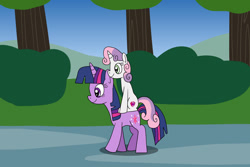 Size: 1280x854 | Tagged: safe, artist:platinumdrop, derpibooru import, sweetie belle, twilight sparkle, unicorn twilight, pony, unicorn, duo, duo female, female, filly, mare, ponies riding ponies, request, riding, sitting, tree, walking