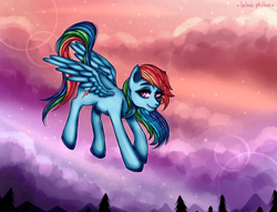 Size: 960x734 | Tagged: safe, artist:lelka-philka, derpibooru import, rainbow dash, pegasus, pony, bedroom eyes, cloud, female, flying, mare, solo, tree