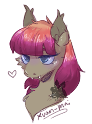 Size: 441x589 | Tagged: safe, artist:proxypixel, derpibooru import, oc, oc only, oc:xuan mai, bat pony, pony, bust, heart, solo, watermark