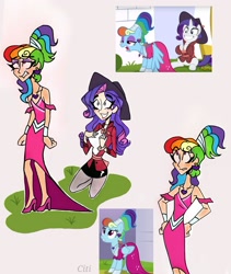 Size: 1747x2073 | Tagged: safe, artist:citi, derpibooru import, screencap, rainbow dash, rarity, human, sparkle's seven, alternate hairstyle, clothes, detective rarity, dress, female, humanized, megaradash, scene interpretation, screencap reference