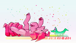 Size: 1920x1080 | Tagged: safe, artist:imadeoos, derpibooru import, gummy, pinkie pie, confetti, upside down