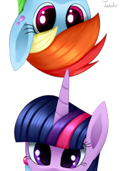 Size: 2480x3507 | Tagged: safe, artist:twidasher, derpibooru import, rainbow dash, twilight sparkle, pegasus, pony, curious, duo, ear piercing, feather, female, lesbian, looking at you, piercing, shipping, signature, simple background, transparent background, twidash, upside down
