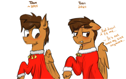 Size: 2073x1306 | Tagged: safe, artist:toanderic, derpibooru import, oc, oc only, oc:toanderic, pegasus, pony, 2015, art evolution, bells, blushing, clothes, ear blush, ears, floppy ears, pegasus oc, redraw, sweater