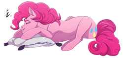 Size: 1280x603 | Tagged: safe, artist:1an1, derpibooru import, pinkie pie, earth pony, pony, cute, diapinkes, eyes closed, female, lying down, mare, onomatopoeia, pillow, profile, prone, simple background, sleeping, smiling, solo, sound effects, white background, zzz