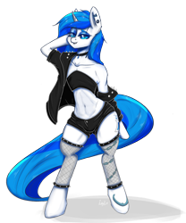 Size: 2491x2989 | Tagged: safe, artist:inkypuso, derpibooru import, oc, oc only, oc:mind, anthro, unicorn, bedroom eyes, belly button, bipedal, choker, clothes, commission, cutie mark, female, fishnet stockings, jacket, looking at you, makeup, piercing, punk, shorts, simple background, solo, spikes, tattoo, transparent background