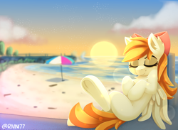 Size: 3000x2200 | Tagged: safe, artist:rivin177, derpibooru import, pegasus, pony, beach, cloud, coast, commission, dusk, eyes closed, nap, rest, sand, sea pear, solo, sun, sunset, umbrella