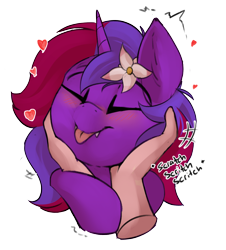 Size: 2226x2457 | Tagged: safe, artist:beardie, derpibooru import, part of a set, oc, oc:violet rose ze vampony, alicorn, bat pony, bat pony alicorn, human, beardies scritching ponies, blushing, commission, cute, disembodied hand, eyes closed, hand, happy, heart, horn, petting, tongue, tongue out, ych result
