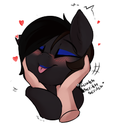 Size: 2226x2457 | Tagged: safe, artist:beardie, derpibooru import, part of a set, oc, oc:dusk coffee, bat pony, human, beardies scritching ponies, blushing, commission, cute, disembodied hand, eyes closed, hand, happy, heart, petting, tongue, tongue out, ych result