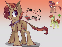 Size: 2231x1668 | Tagged: safe, artist:caramelbolt24, derpibooru import, oc, oc only, oc:spoked maple, oc:velvet quill, oc:æthelwood, classical unicorn, pony, unicorn, abstract background, clothes, cloven hooves, ear fluff, ears, horn, leonine tail, male, offspring, open mouth, parent:oc:velvet quill, parent:oc:æthelwood, parents:oc x oc, raised hoof, raised leg, scarf, signature, smiling, stallion, unicorn oc, unshorn fetlocks