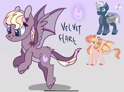 Size: 2253x1668 | Tagged: safe, artist:caramelbolt24, derpibooru import, oc, oc only, oc:baron silverwind, oc:flamehearth, oc:velvet flare, dracony, dragon, hybrid, pegasus, pony, ear fluff, ears, feathered fetlocks, female, flying, gradient background, interspecies offspring, mare, offspring, parent:oc:baron silverwind, parent:oc:flamehearth, parents:oc x oc, pegasus oc, scar, signature, wings