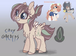 Size: 2255x1668 | Tagged: safe, artist:caramelbolt24, derpibooru import, oc, oc only, oc:cozy gardens, pegasus, pony, abstract background, chest fluff, clothes, colored hooves, ear fluff, ears, eye clipping through hair, grin, offspring, parents:oc x oc, pegasus oc, signature, smiling, two toned wings, wings