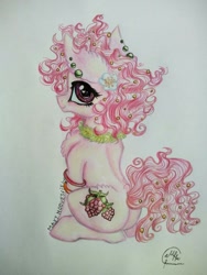 Size: 768x1024 | Tagged: safe, alternate version, artist:maryhoovesfield, derpibooru import, oc, oc only, earth pony, pony, chest fluff, earth pony oc, flower, flower in hair, signature, sitting, solo, traditional art