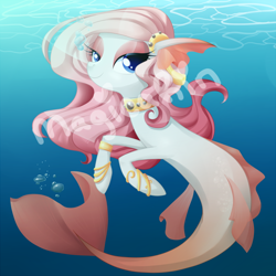 Size: 600x600 | Tagged: safe, artist:magicarin, derpibooru import, oc, oc only, merpony, seapony (g4), blue eyes, bubble, colored pupils, crepuscular rays, dorsal fin, eyelashes, female, fish tail, flowing mane, flowing tail, lidded eyes, looking at you, ocean, signature, smiling, solo, sunlight, swimming, tail, underwater, water, watermark