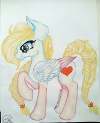 Size: 832x1024 | Tagged: safe, artist:maryhoovesfield, derpibooru import, oc, oc only, pegasus, pony, braid, braided tail, chest fluff, coat markings, ear fluff, ears, eyelashes, grin, heart eyes, pegasus oc, raised hoof, raised leg, signature, smiling, socks (coat marking), solo, traditional art, two toned wings, wingding eyes, wings