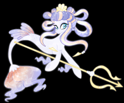 Size: 2374x1972 | Tagged: safe, artist:theroyalartofna, derpibooru import, oc, oc only, seapony (g4), black background, blue eyes, colored pupils, curly hair, dorsal fin, eyelashes, female, fins, fish tail, flowing mane, flowing tail, freckles, glow, seashell, simple background, smiling, solo, sparkles, sunlight, tail, trident