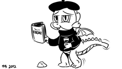 Size: 1200x675 | Tagged: safe, artist:pony-berserker, derpibooru import, part of a set, spike, dragon, alcohol, beatnik, beret, book, hat, looking at you, wine