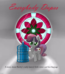 Size: 4000x4550 | Tagged: safe, artist:hisp, derpibooru import, sweetie belle, unicorn, alternative cutie mark placement, bottle, fanfic, female, filly, simple background, smug, solo, solo female, text, window