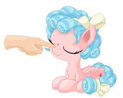 Size: 1780x1416 | Tagged: safe, artist:vito, ponybooru exclusive, cozy glow, human, pegasus, pony, boop, cozybetes, cute, disembodied hand, eyes closed, freckles, hair bow, hand, prone, simple background, sitting, solo focus, tail bow, transparent background