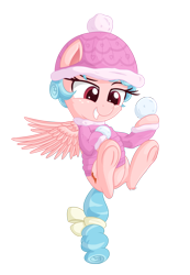 Size: 1657x2393 | Tagged: safe, artist:vito, ponybooru exclusive, cozy glow, pegasus, pony, airborne, clothes, coat, female, filly, flying, freckles, simple background, smirk, snowball, tail bow, transparent background, winter hat, winter outfit