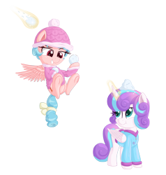 Size: 3337x3512 | Tagged: safe, artist:vito, ponybooru exclusive, cozy glow, princess flurry heart, alicorn, pegasus, pony, airborne, clothes, female, filly, flying, freckles, jacket, magic, simple background, smirk, snowball, snowball fight, tail bow, transparent background, winter hat, winter outfit